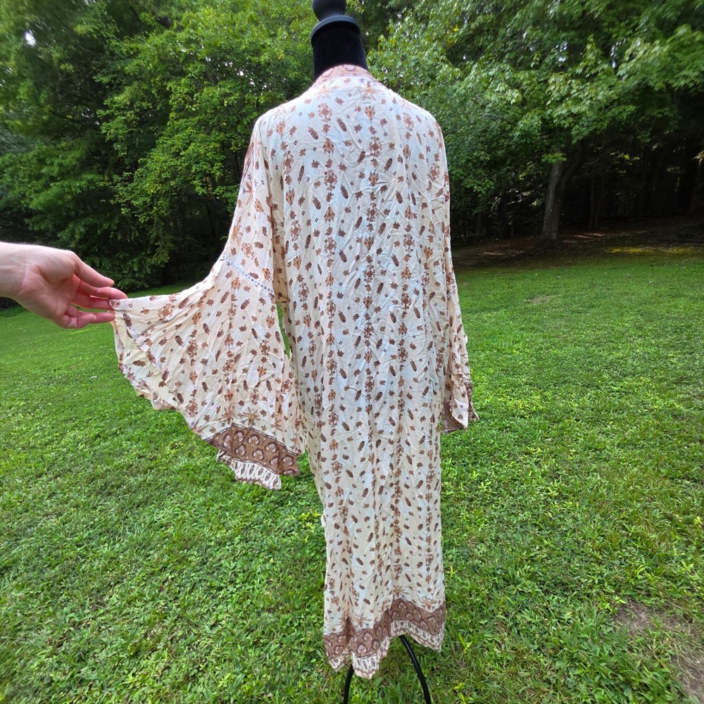 Tanah Folk Cream Brown Womens S/M Duster Kimono Bell Sleeve Boho Maxi Cardigan